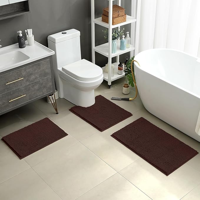 HOMEIDEAS 3 Pieces Bathroom Rugs, Ultra Soft Non Slip Absorbent Chenille Toilet Bath Mat Set (Brown)