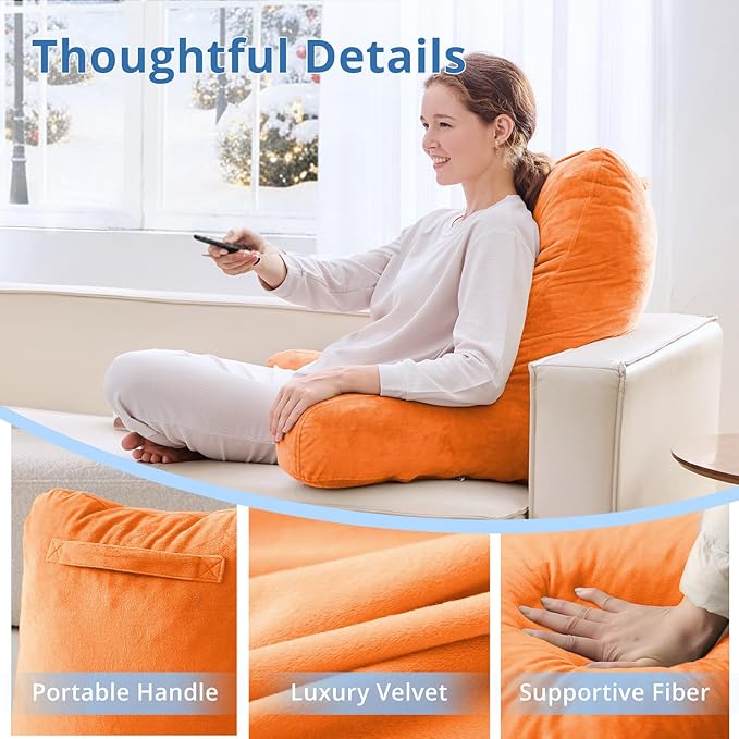 Sasttie 25-inch Reading Pillows for Sitting in Bed Adult, Jumbo Velvet Back Pillow Bed Sitting Up, XL High Back-Rest Support Cushion for Sit Up on Couch & Floor, Oeko-Tex Certified, Orange