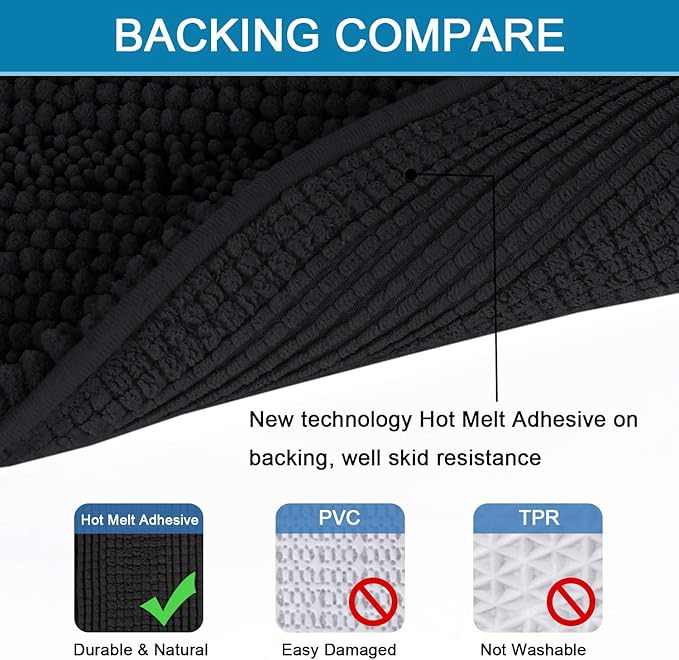 H.VERSAILTEX Bath Rugs for Bathroom Non Slip Bath Mats Extra Thick Chenille Striped Bath Rug Runners 47" x 17" Absorbent Fluffy Soft Shaggy Mats Dry Fast Plush Area Carpet for Bath Room - Black