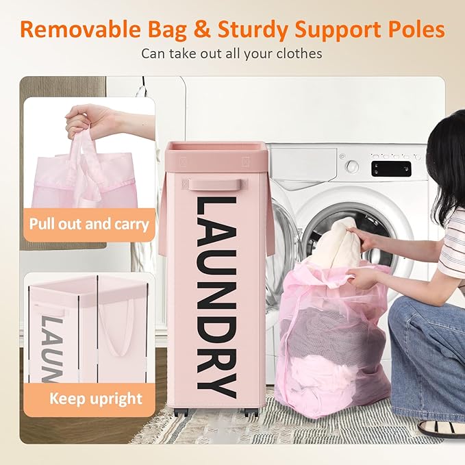 2 Pack Rolling Laundry Basket with Wheels, 90L Hamper with Wheels and Removable Mesh Bag, Pink Laundry Baskets on Wheels for Bedroom, Dorm, Clothes Hamper Organizer