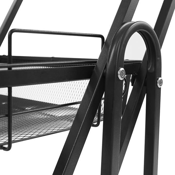 3 Tier Rolling Utility Cart with Wheels, Metal Rolling Foldable Storage Shelves, Adjustable Tilt Angle Storage Organizer for Living Rooms, Kitchens, Bathrooms (Black)