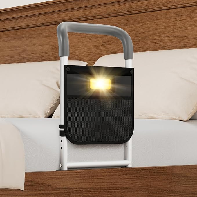 HOMEAL Bed Rails for Elderly Adults Safety - Adjustable Bedside Assist Rails for Seniors with Sensor Light, Portable Bed Cane with Non-Slip Handle & Fixing Strap, Fit Standard & Adjustable Bed(Grey)