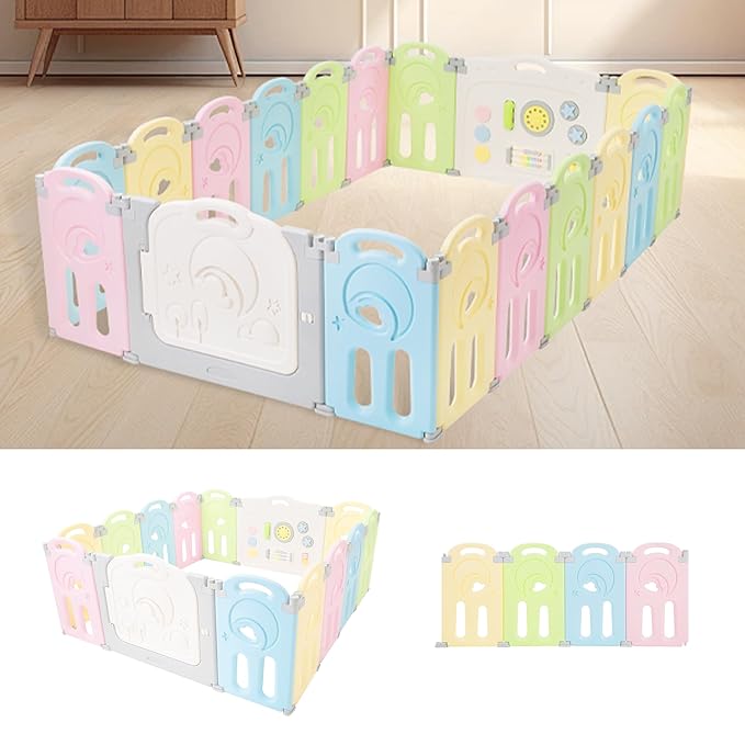 Fortella Cloud Castle Foldable Playpen, Baby Safety Play Yard with Whiteboard and Activity Wall, Indoors or Outdoors (Multicolor 4-Panel Extension)