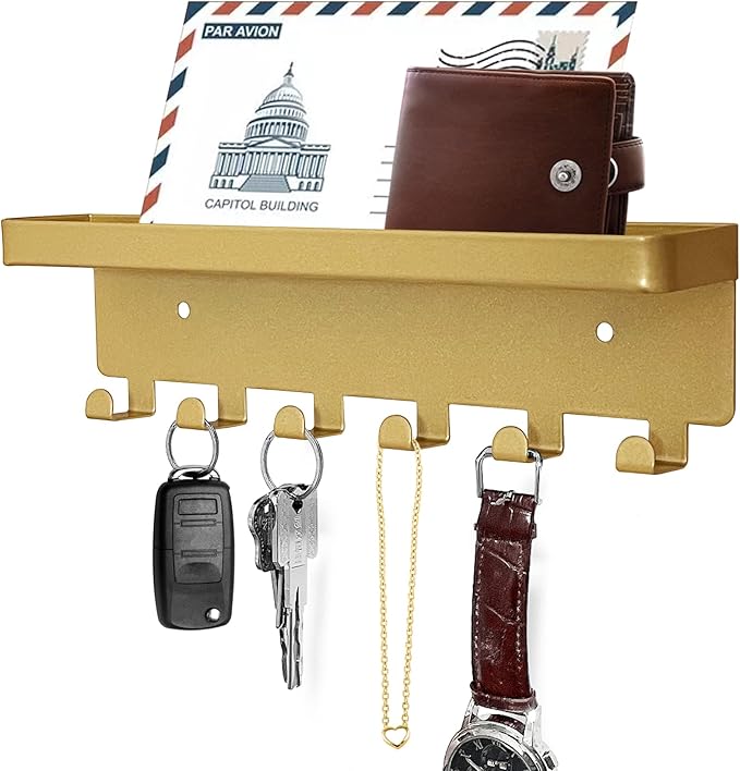 GTK Key Holder for Wall, Key Hooks with Tray and 6 Hooks, Wall Mounted Key Holder for Hallway, Key Rack with Shelf for Mail Storage (Gold)