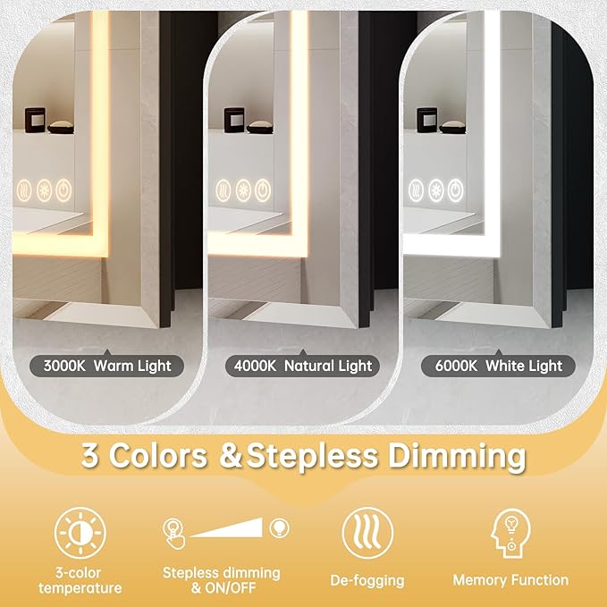 36"X30" Bathroom Medicine Cabinet with Mirror, LED Lighted Medicine Cabinet with Anti-Fog, 3 Colors Temperature Stepless Dimmable, Metal Cabinet for Storage and Mordern Decor, Black