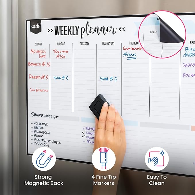 Cinch! Weekly Planner - 17x12-Inch Magnetic Weekly Calendar for Fridge and Meal Planner - Stain Resistant Dry Erase Whiteboard with 4 Fine Tip Markers and Eraser for Easy Scheduling