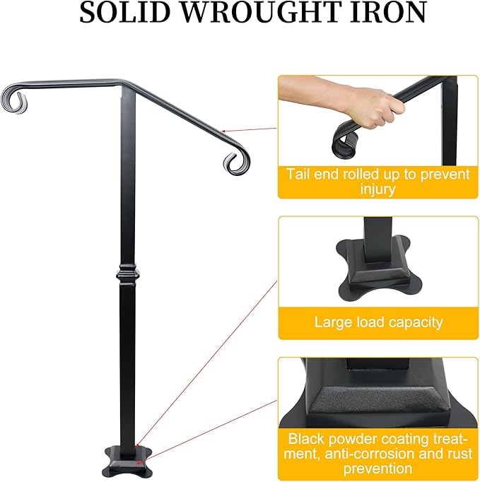 Handrail Railing, Single Post Handrail, Stair Railing for Concrete,Sturdy Handrails with Base, Mountable Iron Stair Handrail for 1 or 2 Steps, Grab Rail for Steps Porch, Railings for Outdoor Step