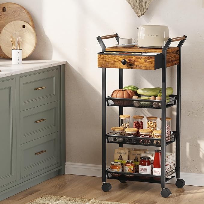 5-Tier Storage Cart, Rolling Utility Cart, Metal Fruit Vegetable Basket for Kitchen, with Handle, Lockable Wheels, Drawer, Rolling Cart Organizer for Pantry, Makeup, Rustic Brown