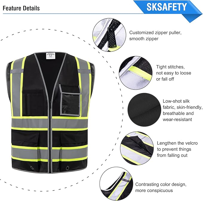 SKSAFETY 10 Pockets Safety Vest, Class 2 High Visibility Security with Zipper, Hi Vis Vest with Reflective Strips, ANSI/ISEA Standard, Construction Work Vest for Men ＆ Women （Black, 4XL）