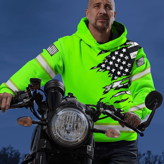US Flag High Visibility Hoodie for Men Reflective Hoodie Safety Workwear for Worker Runner Patriotic ACC02