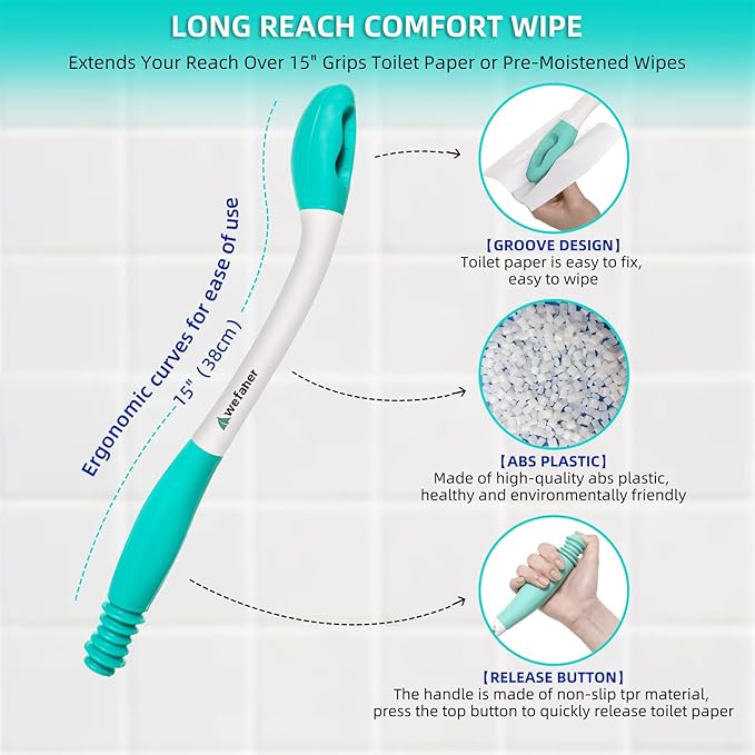 Toilet Aids Wiping Long Reach （2 Pack） Comfort Wipe Wand Bottom Buddy Toilet Self Tissue Aids for Toileting, Self Help Wipe Butt for Fat People，Limited Mobility,Elderly, Pregnancy,with hooks.