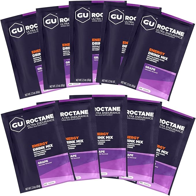 GU Energy Roctane Ultra Endurance Energy Drink Mix, Vegan, Gluten-Free, Kosher, Caffeine- Free, and Dairy-Free n-the-Go Energy for Any Workout, 10 Single-Serving Packets, Grape