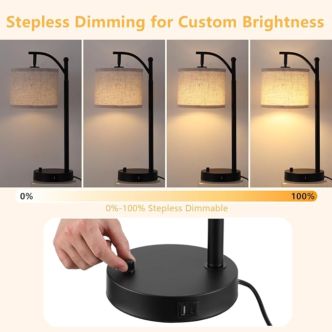 Arc Table Lamp Set of 2, Bedside Lamps with A+C Charging Ports, Stepless Dimmable Modern Standing Lamp with Adjustable Brightness, Desk Light for Living Room, Bedroom, Office Reading, Black