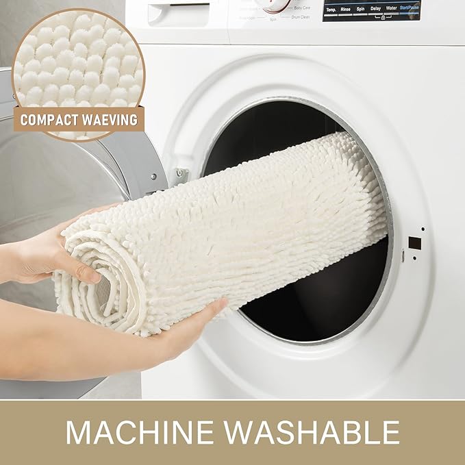 LOCHAS Luxury Bathroom Rug Shaggy Bath Mat 24 x 60 Inch, Washable Non Slip Bath Rugs for Bathroom Shower, Soft Plush Chenille Absorbent Carpets Mats, Cream White