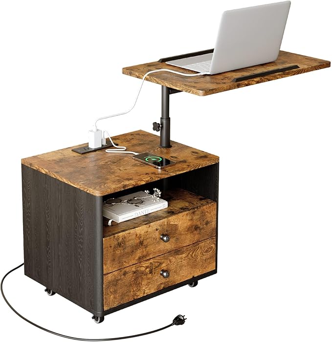 Bedroom Nightstand with Drawers & Charging Station, Adjustable Height Bedside Table with Wheels, Wooden Small Sofa Side Tables with Storage for Living Room, Rustic Brown
