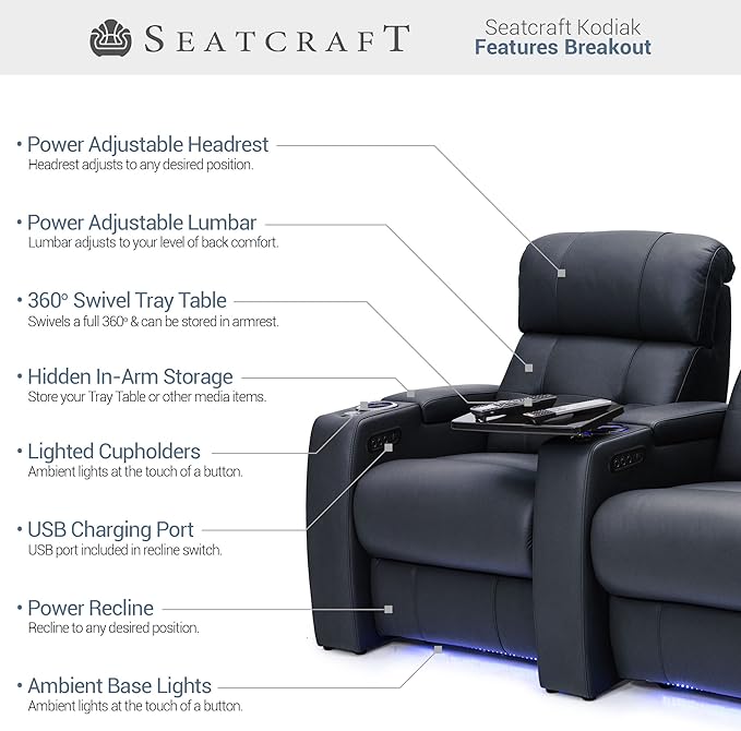 Seatcraft Kodiak Zero-Gravity CoolZero Italian Leather Home Theater Seating, Powered Headrest, Powered Lumbar, Powered Recline, Row of 4, Black