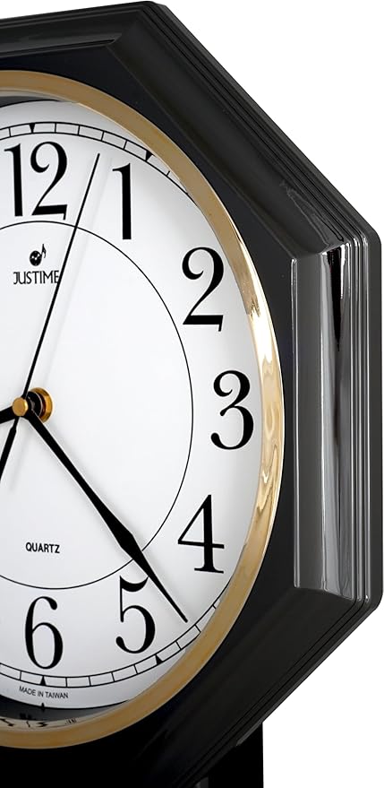 JUSTIME Traditional Schoolhouse Easy to Read Regulator Wall Clock, Chiming Wall Clocks with Pendulum & Westminster Chime Hourly, Schoolhouse Wall Decor Battery Operated (Gun Metal)