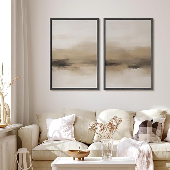 MUDECOR Framed Canvas Print Wall Art Abstract Neutral Beige Contemporary Minimalist Landscape Illustrations Modern Art Decorative Bohemian Colorful for Living Room, Bedroom, Office - 16"x24"x2 Black