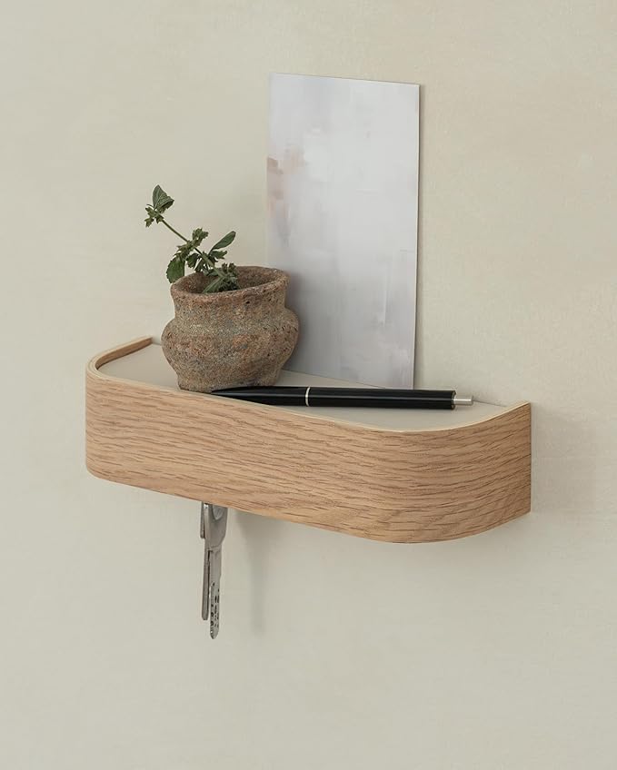 Kazai. Key Holder 'Toke' | Minimalist Key Hook Design from Berlin | Modern Key Holder Wall Mount with Wooden Shelf | Key Rack for Wall as Entryway Organizer | Oak, White