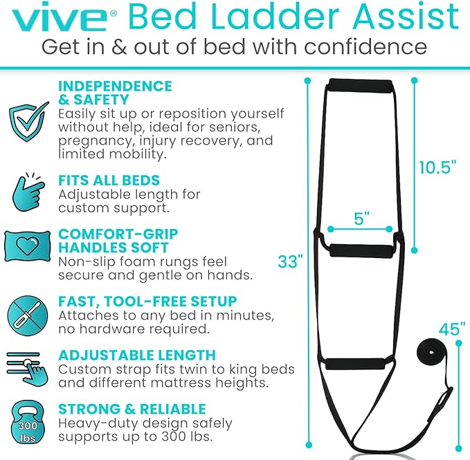 Vive Bed Ladder Assist - Pull Up Assist Device with Handle Strap - Rope Ladder Caddie Helper - Sitting, Sit Up Hoist for Elderly, Senior, Injury Recovery Patient, Pregnant, Handicap - Padded Hand Grip