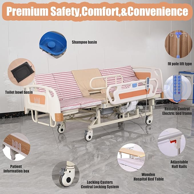 10 Function Electric Medical Beds with Lateral Tilting, Full Electric Hospital Beds for Home use with Air Cushion, IV Pole, Quiet Wheels, Up to 530 LBS