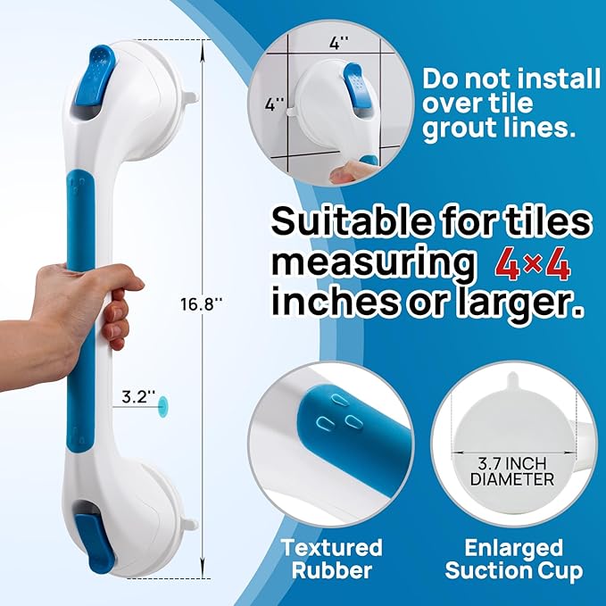 LEVERLOC Grab Bar for Seniors, 17 Inch 2 Pack Suction Grab Bars for Bathtubs and Showers, Shower Handles for Elderly Suction Bathroom Safety Grip,Removable Drill Free Waterproof, Blue