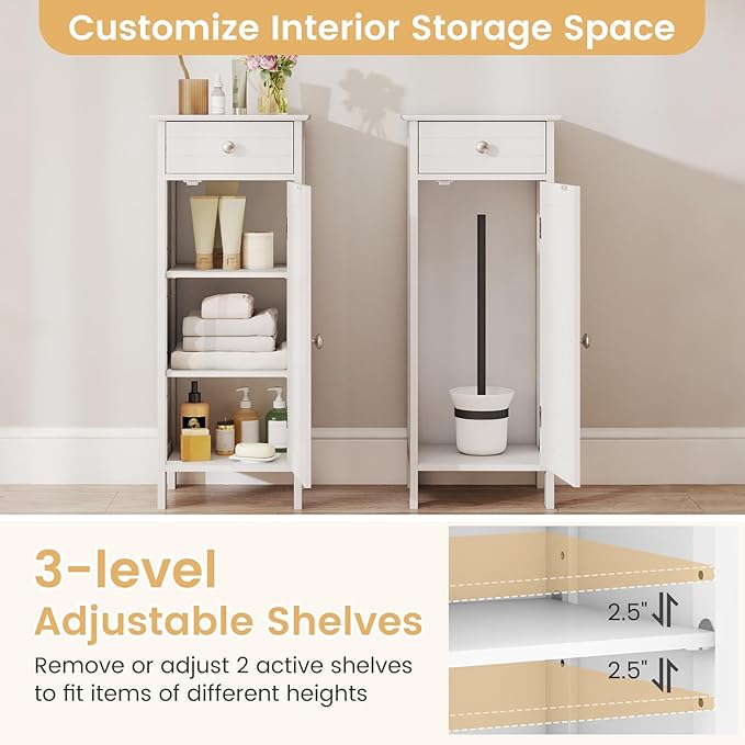 GLACER Floor Storage Cabinet, Multifunctional Bathroom Storage Cabinet with 2 Adjustable Shelves, Ideal for Bathroom, Living Room, 14 x 12 x 34.5 inches (White)