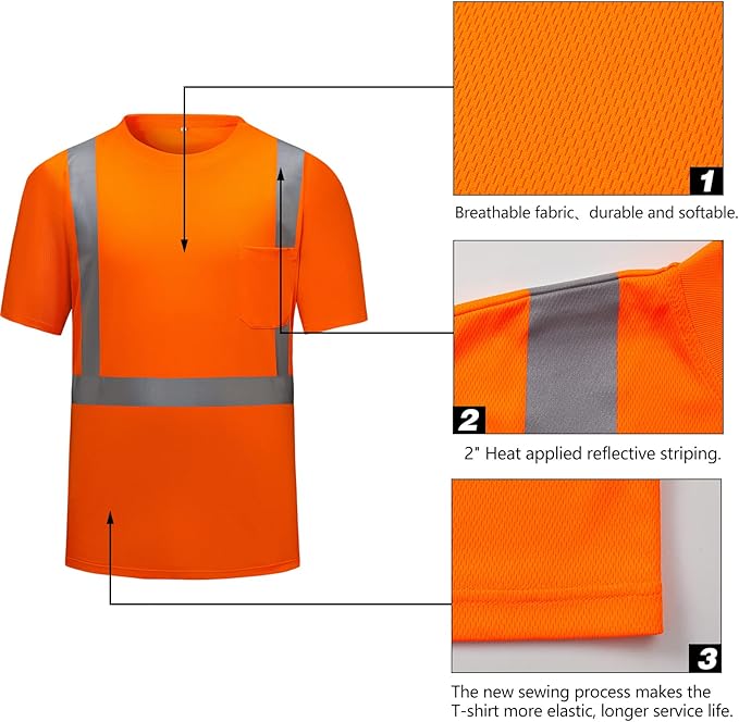 High Visibility Shirts Quick Dry Safety T Shirts with Reflective Strips and Pocket Short Sleeve Mesh Hi Vis Construction Work Class 2 Shirt for Men/Women Orange,4XL