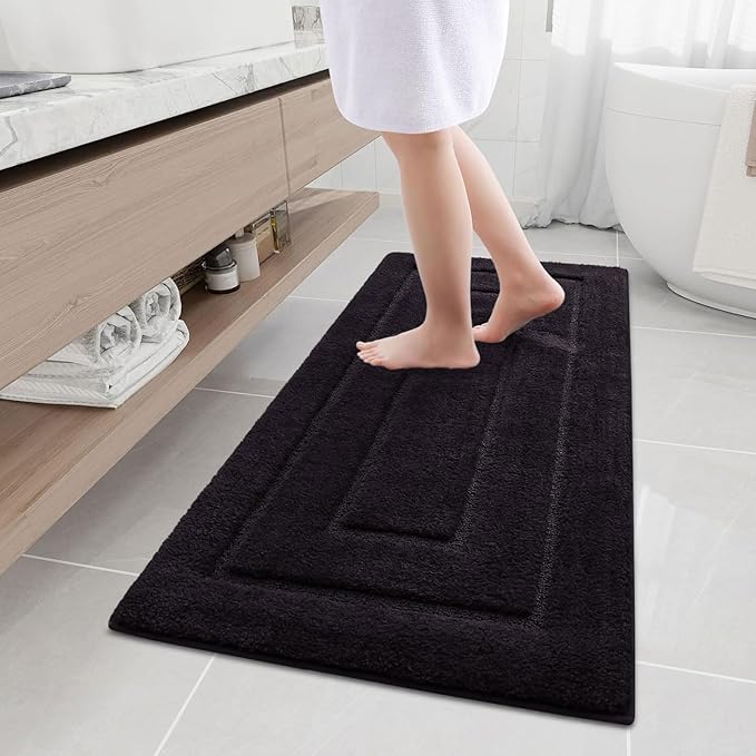 Buganda Bathroom Rugs, 47" x 20", Soft and Absorbent Microfiber Bath Rugs, Non-Slip Shaggy Shower Carpet, Machine Wash Dry Bath Mats for Bathroom Floor, Tub and Shower, Black