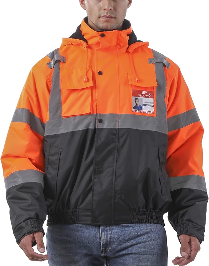 sesafety Reflective Jacket for Men, High Visibility Jackets, Safety Jackets for Men, Hi Vis Construction Bomber Jackets Waterproof with Pockets and Zipper, Black Bottom, Class 3