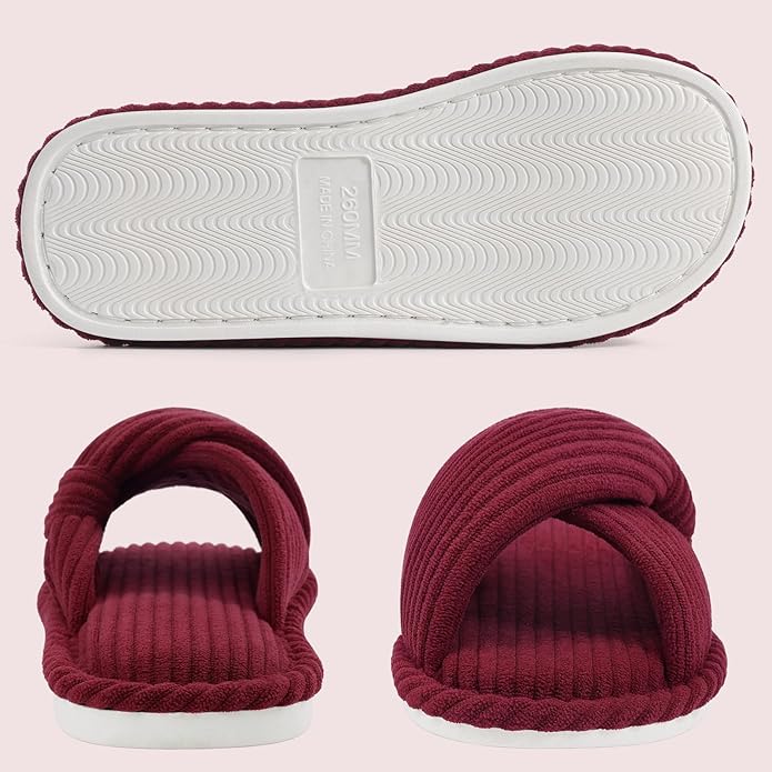 Evshine Fall House Slippers for Women Corduroy Cross Bow Indoor Slippers Open Toe Slip On Bedroom Shoes with Memory Foam