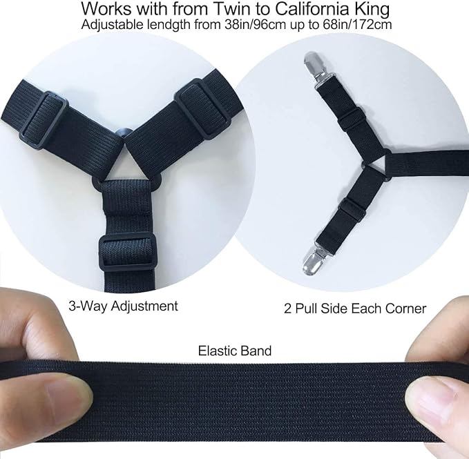 Bed Sheet Clip Straps - 2 Way Adjustable Crisscross Sheet Corner Holder Straps Gripper Elastic Sheet Band Mattress Straps Fasten Suspenders(2 Set/4Pcs, Black)