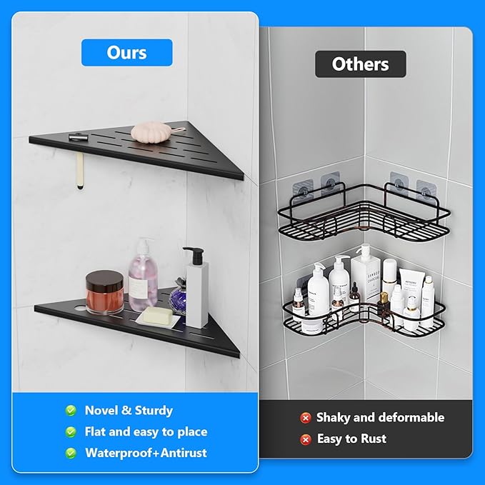 10" Corner Shower Shelves, 2-Pack Matte Black 304 Stainless Steel Shower Shelf with Razor Hole, Rustproof Shower Shelf for Inside Shower, Modern Shelves for Tile Walls, Bathroom Organizer (Black)