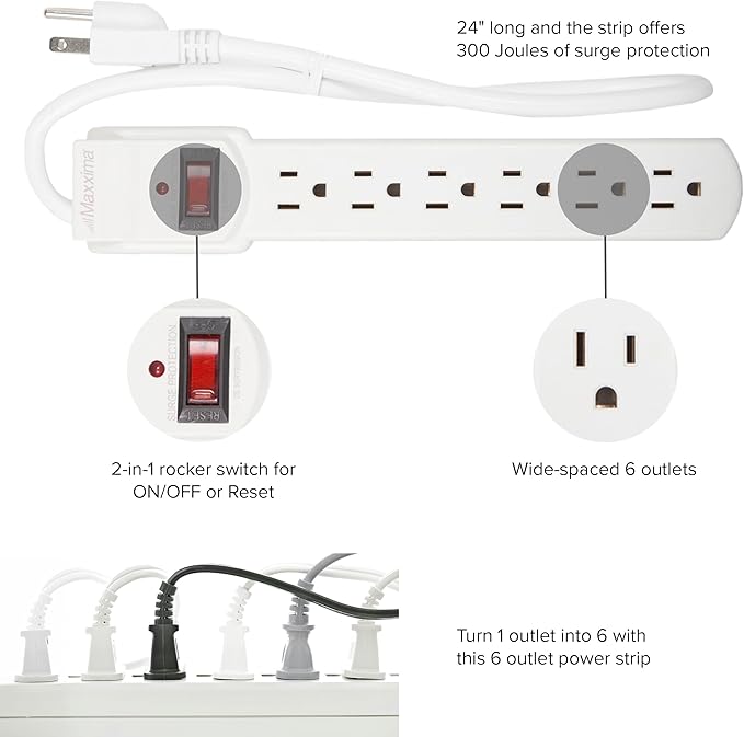 Maxxima 6 Outlet Power Strip Surge Protector - 300 Joules, Features Red On/Off Switch, 4 Pack, Powers Multiple Electronics and Devices Simultaneously, Perfect for Home Appliances - White