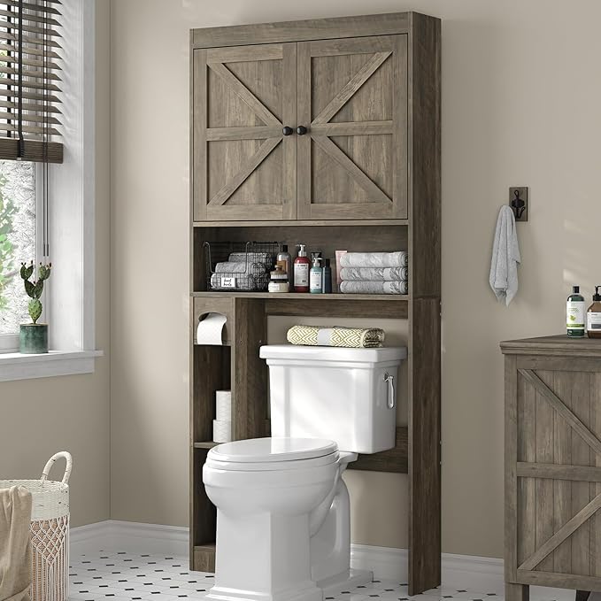 Furnideco 32.3''W Over The Toilet Storage Cabinet with Barn Doors, Over Toilet Shelf Farmhouse Storage Cabinet Space Saver with Toilet Paper Holder & Adjustable Bottom Bar, Gray