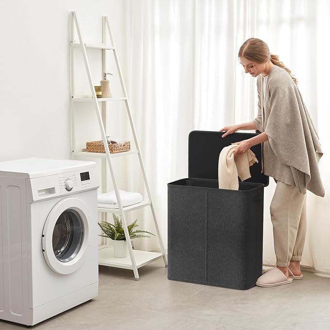 Lifewit Double Laundry Hamper with Lid and Removable Laundry Bags, Large Collapsible 2 Dividers Dirty Clothes Basket with Handles for Bedroom, Laundry Room, Closet, Bathroom, College, 145L Dark Gray