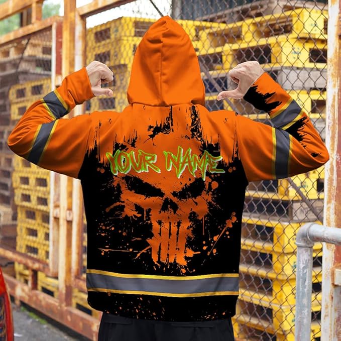Maddly Hi Vis Reflective Zip Up Hoodie, High Visibility Safety Jacket with Skull Design for runner, worker, trucker, cyclist