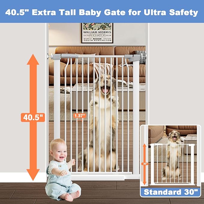 40.5"-54.7" Baby Gates for Doorways, 40.5" Tall Dog Gate Indoor, Walk Through Pet Gates No Drilling Auto Close Pressure Mounted Safety Child Toddler Gate, White