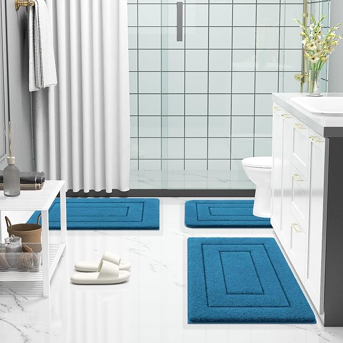 Buganda Bathroom Rugs, 30" x 20", Soft and Absorbent Microfiber Bath Rugs, Non-Slip Shaggy Shower Carpet, Machine Wash Dry Bath Mats for Bathroom Floor, Tub and Shower, Peacock Blue