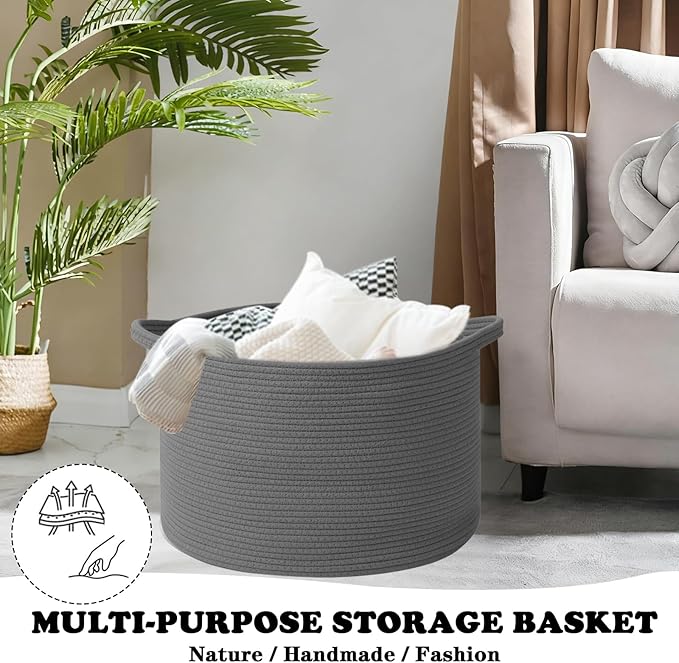 Large Storage Basket with Handle,23.6" x 23.6" x 15.7" Blanket Basket Storage Bins for Organizing,65L Cotton Rope Woven Baskets for Living Room, Nursery ,Bedroom,Dark Gry