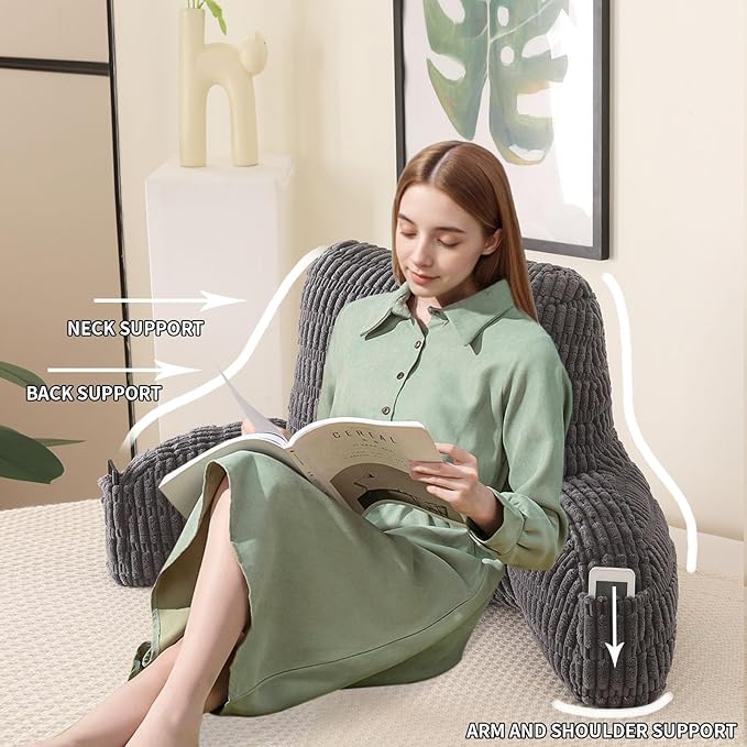 Reading Pillow for Sitting in Bed, Large Backrest Reading Pillow with Arm Rest,Back-Rest Support Cushion for Sit Up on Couch, Sofa, and Floor, Dorm Essentials (Grey Corduroy, Large(19"))