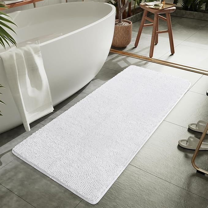 LOCHAS Luxury Bathroom Rug Shaggy Bath Mat 24 x 60 Inch, Washable Non Slip Bath Rugs for Bathroom Shower, Soft Plush Chenille Absorbent Carpets Mats, White