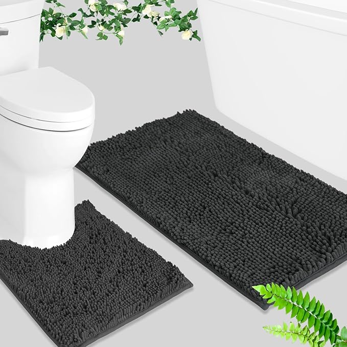 BOANKODU 2-Piece Bath Set, Soft Chenille Bath Mat & U-Shape Rug, Non-Slip, Machine Washable (Grey, 32x20 + 20x20 Inch)