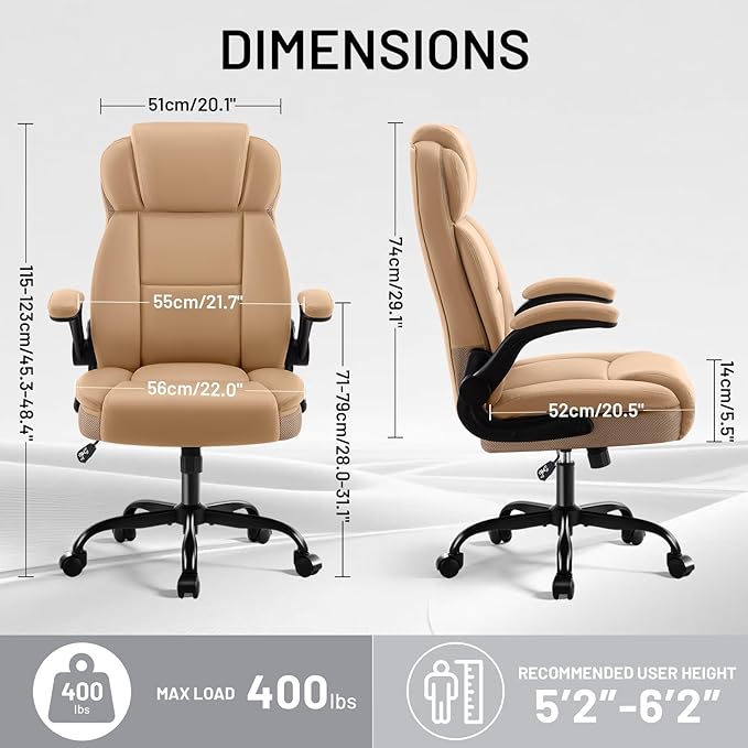 Ergonomic Office Chair with High Back Headrest, PU Leather Executive Desk Chair - Padded Flip-Up Armrests, Lumbar Support, Swivel Computer Chair for Home Office & Gaming, Khaki