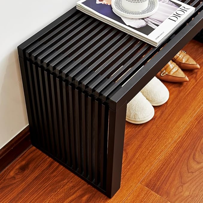 Versatile Wooden Slatted Bench - Sleek Modern Design for Dining, Entryway, Bedroom - Indoor Use with Storage Capability for Home, Kitchen, Bathroom & Beyond (Black)