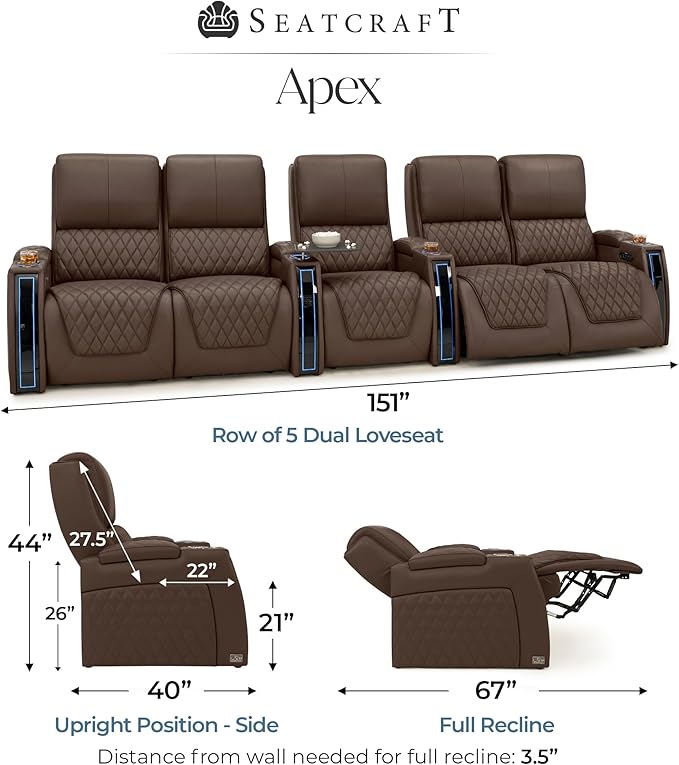 Seatcraft Apex Zero-Gravity CoolZero Italian Leather Home Theater Seating, Powered Headrest, Powered Lumbar, Powered Recline, Row of 5 Dual Loveseats, Brown