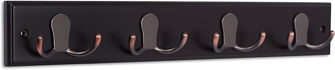 BIRDROCK HOME Dual Hook Coat Rack | 4 Dual Hooks | Wall Mounted Hat Key Rack Rail | Oil Rubbed Bronze Hooks | Dark Brown Pine Bathroom Rail