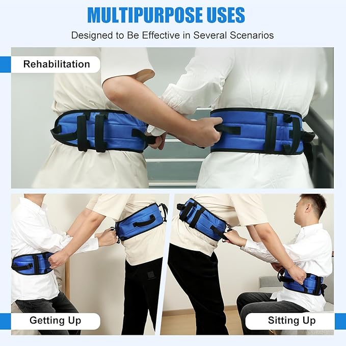 Rhino Valley Gait Belt for Senior with 7 Handles, 59" Anti-Slip Gate Belts Medical for Elderly, Transfer Belt with Quick Release Buckle, Elderly, Physical, Handicap, Bariatric Therapy, Blue & Black