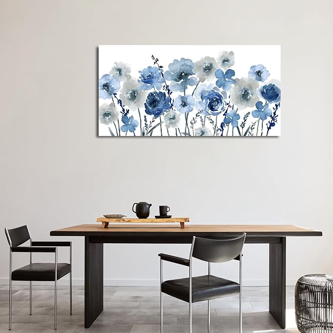 VEAEE Flowers Canvas Wall Art - Indigo Floral Canvas Pictures Living Room Wall Decor Botanical Canvas Prints Painting Abstract Artwork Bedroom Office Home Decor 24"x 48"