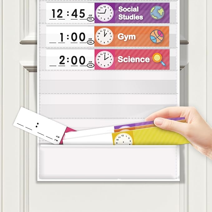 Eamay Daily Schedule Pocket Charts, Teaching Scheduling Pocket Chart, Hoom, Eamay Daily Scheduling Pocket Chart, Pocket Chart with 13+1 Pockets, 18pcs Dry Erase Cards and 2 Hooks (White)